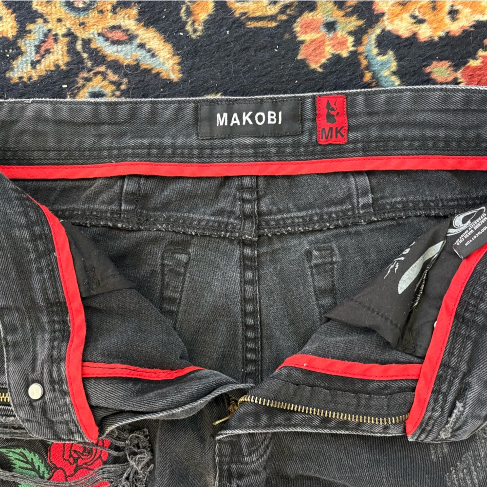 Men’s Makobi Biker Black Jeans Rose Embroidery Zip Detail Sz. 32x32 - Picture 8 of 16